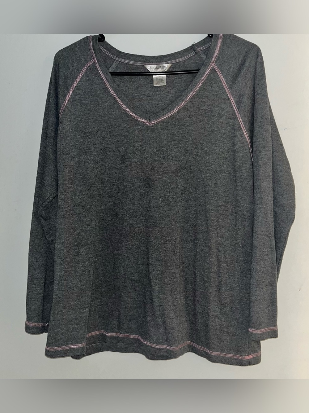 Women's Charcoal Gray Long Sleeve V-Neck Tee with Contrast Stitching